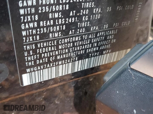 2015 Volkswagen Tiguan SEL with VIN WVGAV7AX2FW524276, listed as a Copart auction lot 63631995 with 87,284 mi miles and Salvage title. Bid and sale history available at DreamBid. Image 13.