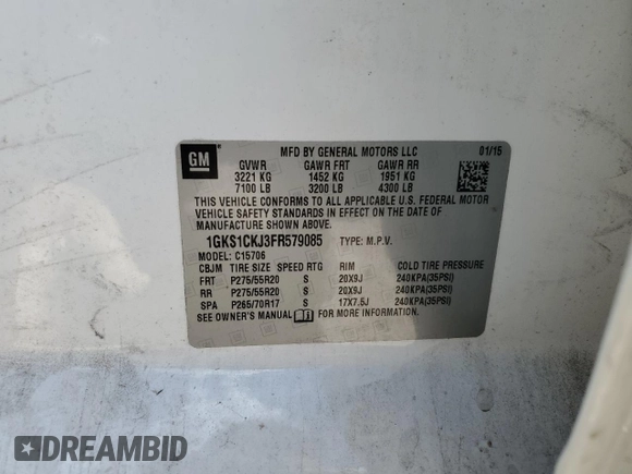 2015 GMC Yukon Denali with VIN 1GKS1CKJ3FR579085, listed as a Copart auction lot 67657084 with 98,456 mi miles and Salvage Title. Bid and sale history available at carsss.com. Image 14.