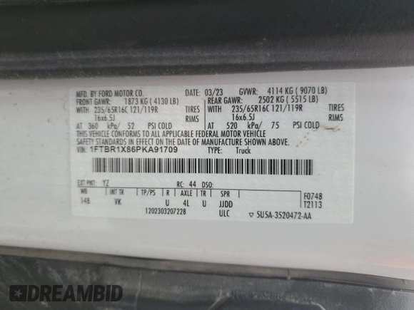 2023 Ford Transit Cargo with VIN 1FTBR1X86PKA91709, listed as a Copart auction lot 50389085 with 107,777 mi miles and Salvage title. Bid and sale history available at DreamBid. Image 14.
