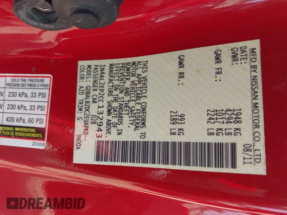 2012 Nissan Altima S with VIN 1N4AL2EP2CC132943, listed as a IAAI auction lot 42164427 with Not Provided miles and . Bid and sale history available at DreamBid. Image 9.