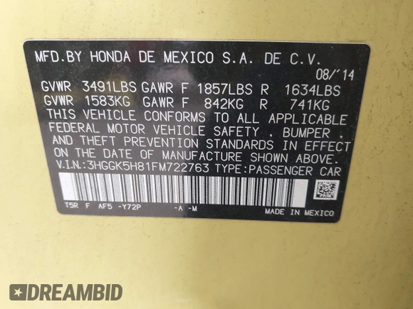 2015 Honda Fit EX-L with VIN 3HGGK5H81FM722763, listed as a IAAI auction lot 42565430 with 105,768 mi miles and . Bid and sale history available at DreamBid. Image 9.