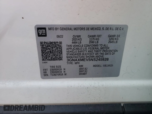2022 Chevrolet Equinox RS with VIN 3GNAXMEV5NS245928, listed as a Copart auction lot 61642274 with 21,429 mi miles and Non Repairable. Bid and sale history available at DreamBid. Image 14.