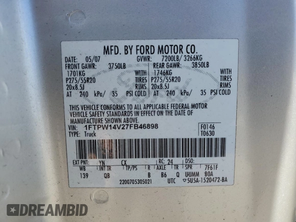2007 Ford F-150 XLT with VIN 1FTPW14V27FB46898, listed as a Copart auction lot 46472545 with 229,216 mi miles and Clean Title. Bid and sale history available at carsss.com. Image 12.