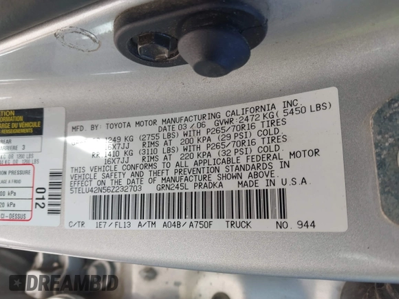 2006 Toyota Tacoma z VIN 5TELU42N56Z232703, wystawiony jako IAAI lot #41689447 z przebiegiem 171 801 mil mil oraz . Historia ofert i sprzedaży dostępna na DreamBid. Obrazek 9.