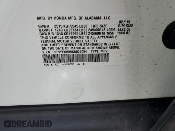 2019 Honda Pilot EX-L with VIN 5FNYF5H59KB027054, listed as a Copart auction lot 47278675 with 48,058 mi miles and Salvage Title. Bid and sale history available at DreamBid. Image 13.