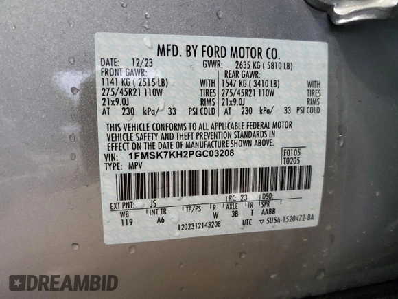 2023 Ford Explorer ST-Line с VIN 1FMSK7KH2PGC03208, выставлен на аукционе Copart как лот 50994355 с пробегом 13 962 миль миль и Списание • Salvage title. История ставок и продаж доступна на DreamBid. Изображение 16.