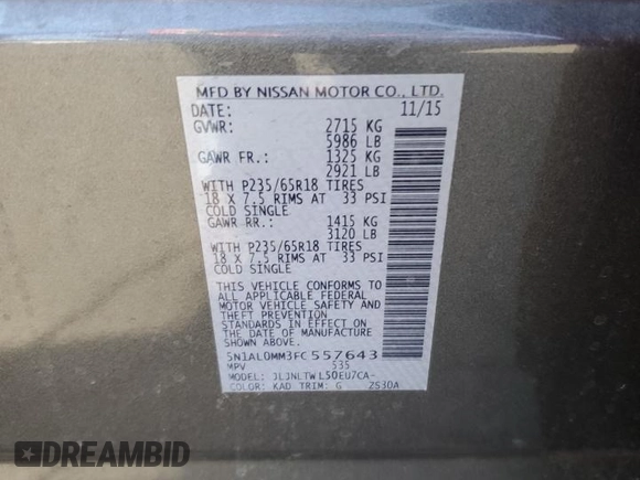 2015 Infiniti QX60 with VIN 5N1AL0MM3FC557643, listed as a Copart auction lot 52413595 with 120,136 mi miles and Salvage title. Bid and sale history available at DreamBid. Image 13.