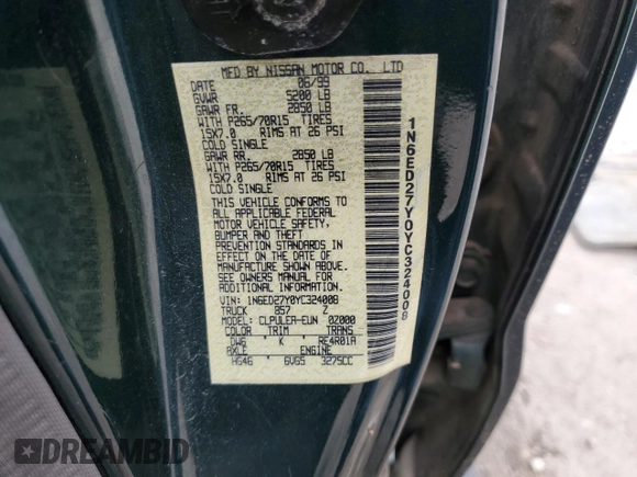 2000 Nissan Frontier XE z VIN 1N6ED27Y0YC324008, wystawiony jako Copart lot #46883815 z przebiegiem 193 512 mil mil oraz Szkoda całkowita • Salvage title. Historia ofert i sprzedaży dostępna na DreamBid. Obrazek 14.