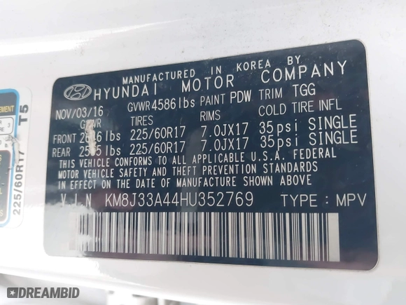 2017 Hyundai Tucson SE Plus with VIN KM8J33A44HU352769, listed as a IAAI auction lot 41106280 with 117,809 mi miles. Bid and sale history available at carsss.com. Image 9.
