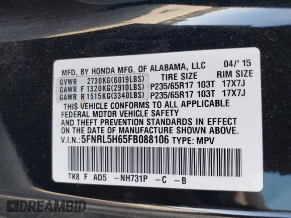 2015 Honda Odyssey EX-L with VIN 5FNRL5H65FB088106, listed as a IAAI auction lot 41880915 with 176,539 mi miles and . Bid and sale history available at carsss.com. Image 9.