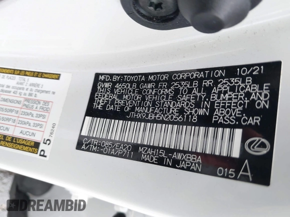 2022 Lexus UX 250h z VIN JTHX9JBH5N2056118, wystawiony jako IAAI lot #41538359 z przebiegiem 32 699 mil mil oraz . Historia ofert i sprzedaży dostępna na DreamBid. Obrazek 9.