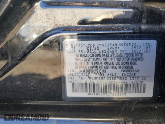 2020 Nissan Sentra S with VIN 3N1AB8BV8LY213149, listed as a Copart auction lot 48155155 with 92,743 mi miles and Clean Title. Bid and sale history available at carsss.com. Image 12.