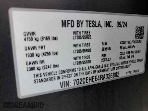 2024 Tesla Cybertruck Cyberbeast z VIN 7G2CEHEE4RA036882, wystawiony jako Copart lot #87403874 z przebiegiem 734 mil mil oraz Szkoda całkowita • Salvage title. Historia ofert i sprzedaży dostępna na DreamBid. Obrazek 13.
