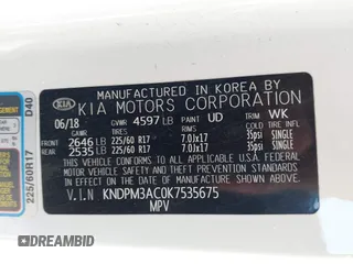 2019 Kia Sportage LX with VIN KNDPM3AC0K7535675, listed as a IAAI auction lot 41933482 with 118,012 mi miles and . Bid and sale history available at DreamBid. Image 9.