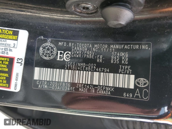 2011 Toyota Corolla L with VIN 2T1BU4EE8BC746794, listed as a Copart auction lot 78676134 with 207,586 mi miles and Salvage Title. Bid and sale history available at carsss.com. Image 12.