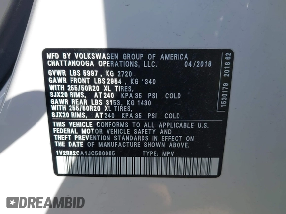 2018 Volkswagen Atlas SEL with VIN 1V2RR2CA1JC566065, listed as a IAAI auction lot 41687434 with 77,795 mi miles and . Bid and sale history available at DreamBid. Image 9.
