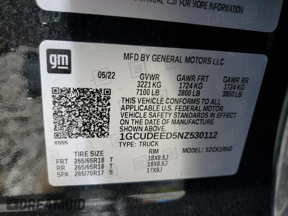2022 Chevrolet Silverado 1500 RST with VIN 1GCUDEED5NZ530112, listed as a Copart auction lot 49636035 with 53,193 mi miles and Salvage Title. Bid and sale history available at DreamBid. Image 14.