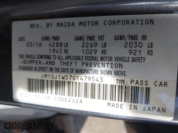 2016 Mazda 6 i Grand Touring with VIN JM1GJ1W57G1479543, listed as a IAAI auction lot 41371653 with 83,741 mi miles and . Bid and sale history available at carsss.com. Image 9.