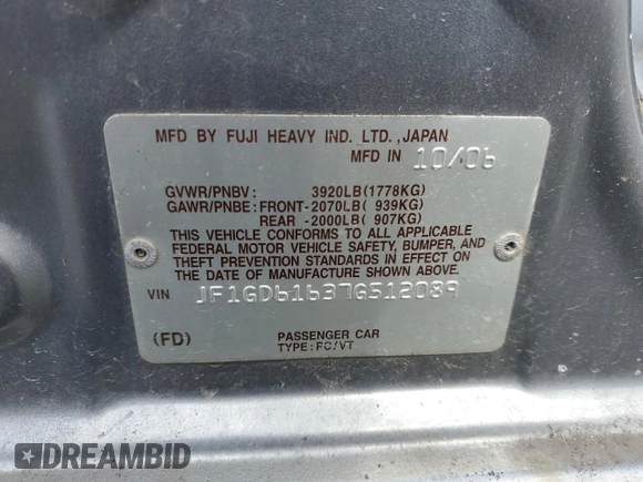 2007 Subaru Impreza i z VIN JF1GD61637G512089, wystawiony jako Copart lot #50470085 z przebiegiem Nie podano mil oraz Czysty tytuł • Clean title. Historia ofert i sprzedaży dostępna na DreamBid. Obrazek 12.