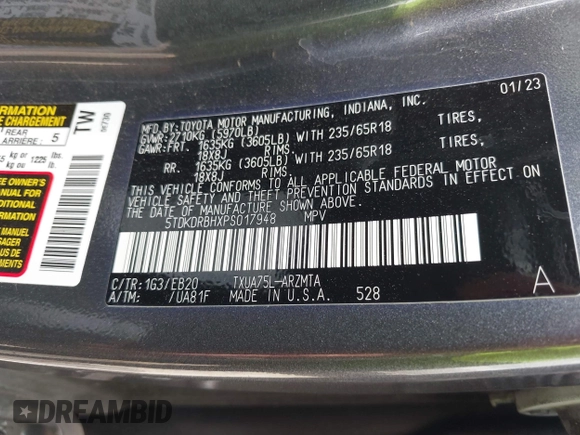 2023 Toyota Highlander L with VIN 5TDKDRBHXPS017948, listed as a IAAI auction lot 42370265 with 17,768 mi miles and . Bid and sale history available at DreamBid. Image 9.