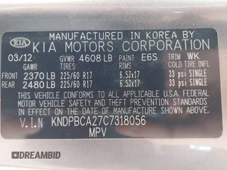 2012 Kia Sportage LX with VIN KNDPBCA27C7318056, listed as a IAAI auction lot 41887312 with 144,940 mi miles and . Bid and sale history available at DreamBid. Image 9.