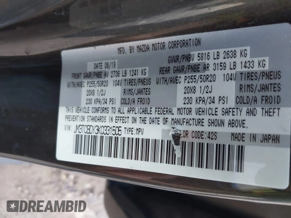 2019 Mazda CX-9 Grand Touring with VIN JM3TCBDY3K0331505, listed as a IAAI auction lot 41690517 with 64,520 mi miles. Bid and sale history available at carsss.com. Image 9.