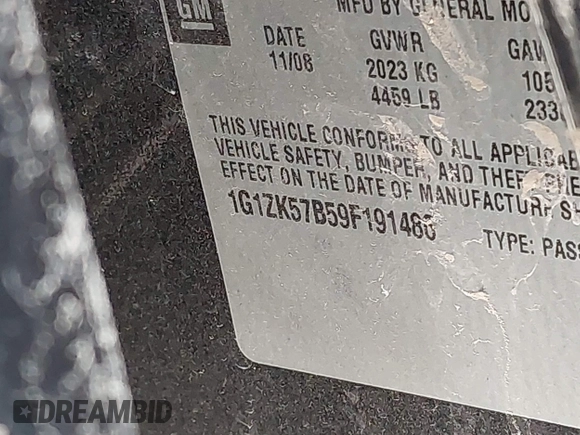 2009 Chevrolet Malibu LTZ with VIN 1G1ZK57B59F191486, listed as a IAAI auction lot 41743856 with Not Provided miles and . Bid and sale history available at DreamBid. Image 9.