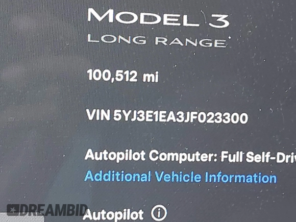 2018 Tesla Model 3 Long Range Battery with VIN 5YJ3E1EA3JF023300, listed as a IAAI auction lot 41925504 with 100,512 mi miles and . Bid and sale history available at DreamBid. Image 16.