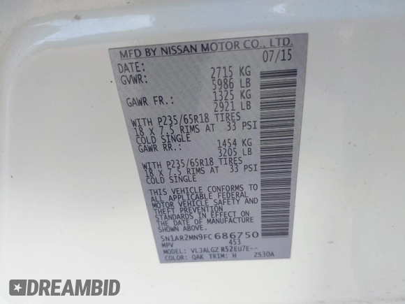 2015 Nissan Pathfinder SV с VIN 5N1AR2MN9FC686750, выставлен на аукционе IAAI как лот 42661347 с пробегом 153 937 миль миль и . История ставок и продаж доступна на DreamBid. Изображение 9.