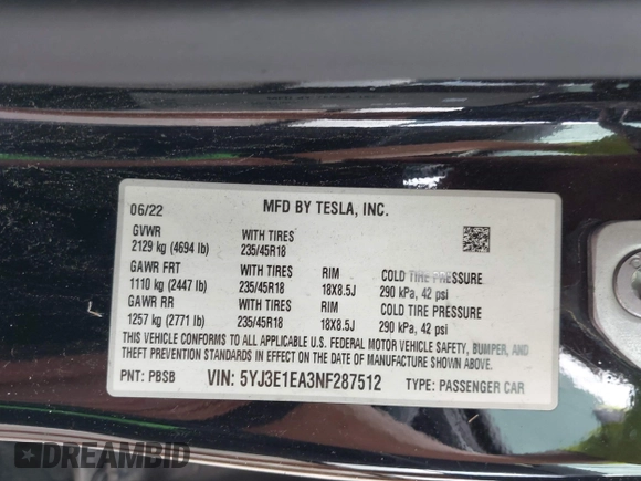 2022 Tesla Model 3 with VIN 5YJ3E1EA3NF287512, listed as a IAAI auction lot 42000557 with 77,619 mi miles. Bid and sale history available at carsss.com. Image 9.