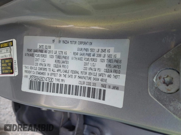 2008 Mazda CX-9 Sport with VIN JM3TB28A280147830, listed as a IAAI auction lot 41767744 with Not Provided miles and . Bid and sale history available at DreamBid. Image 9.