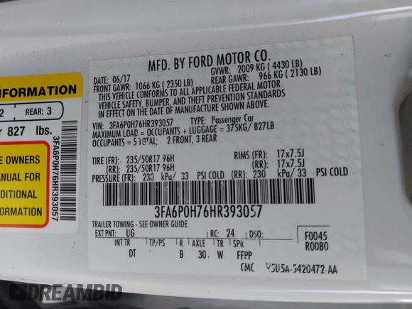 2017 Ford Fusion SE с VIN 3FA6P0H76HR393057, выставлен на аукционе IAAI как лот 42435606 с пробегом 81 798 миль миль и . История ставок и продаж доступна на DreamBid. Изображение 9.
