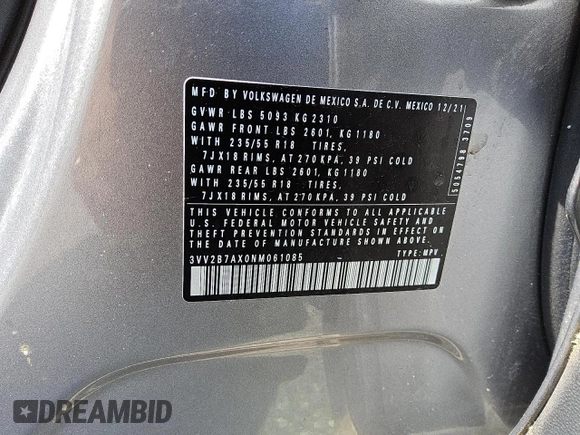 2022 Volkswagen Tiguan SE с VIN 3VV2B7AX0NM061085, выставлен на аукционе Copart как лот 59605465 с пробегом 56 735 миль миль и Чистый • Clean title. История ставок и продаж доступна на DreamBid. Изображение 13.