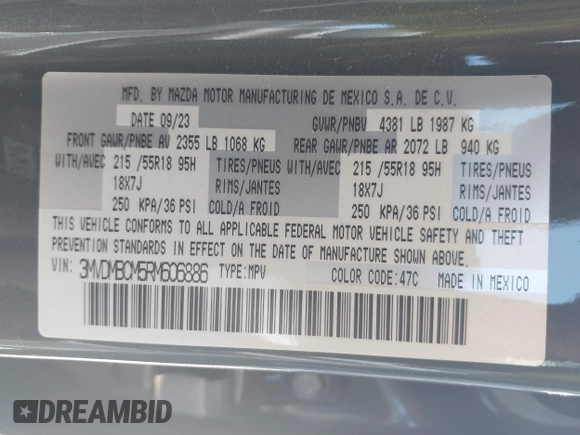 2024 Mazda CX-30 S Preferred with VIN 3MVDMBCM5RM606886, listed as a IAAI auction lot 41867949 with 15,410 mi miles and . Bid and sale history available at DreamBid. Image 9.