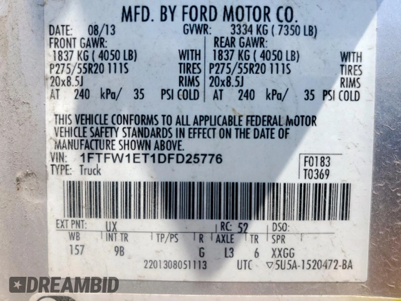 2013 Ford F-150 XL with VIN 1FTFW1ET1DFD25776, listed as a Copart auction lot 61003205 with 117,241 mi miles and Clean title. Bid and sale history available at DreamBid. Image 12.
