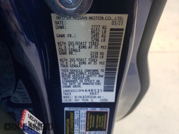 2023 Nissan Frontier S with VIN 1N6ED1CL0PN648535, listed as a Copart auction lot 64853845 with 7,872 mi miles and Salvage title. Bid and sale history available at DreamBid. Image 12.