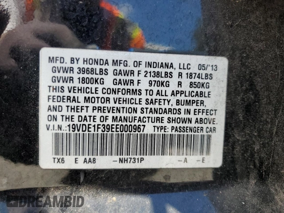 2014 Acura ILX с VIN 19VDE1F39EE000967, выставлен на аукционе Copart как лот 65957325 с пробегом 93 852 миль миль и Списание • Salvage title. История ставок и продаж доступна на DreamBid. Изображение 12.
