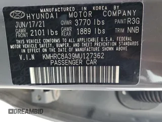 2021 Hyundai Venue SEL with VIN KMHRC8A39MU127362, listed as a Copart auction lot 61791795 with 20,019 mi miles and Salvage title. Bid and sale history available at DreamBid. Image 13.