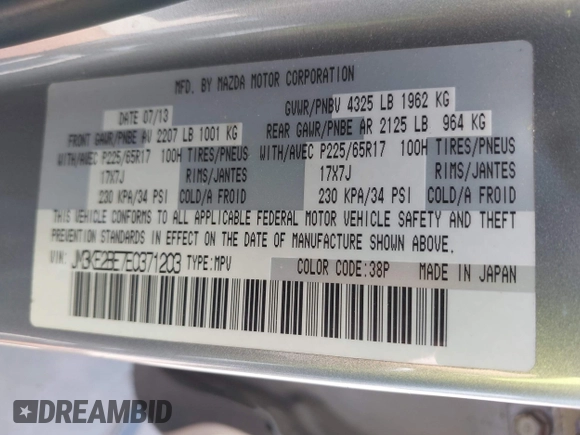 2014 Mazda CX-5 Sport with VIN JM3KE2BE7E0371203, listed as a IAAI auction lot 42243756 with 121,534 mi miles and . Bid and sale history available at DreamBid. Image 9.
