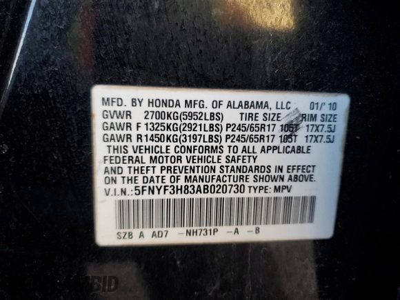 2010 Honda Pilot Touring with VIN 5FNYF3H83AB020730, listed as a Copart auction lot 84697994 with 238,329 mi miles and Salvage Title. Bid and sale history available at DreamBid. Image 13.