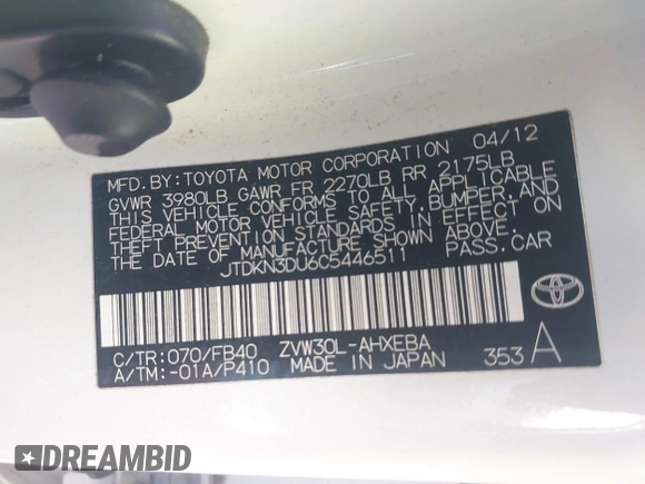 2012 Toyota Prius One z VIN JTDKN3DU6C5446511, wystawiony jako IAAI lot #42361355 z przebiegiem 166 991 mil mil oraz . Historia ofert i sprzedaży dostępna na DreamBid. Obrazek 9.