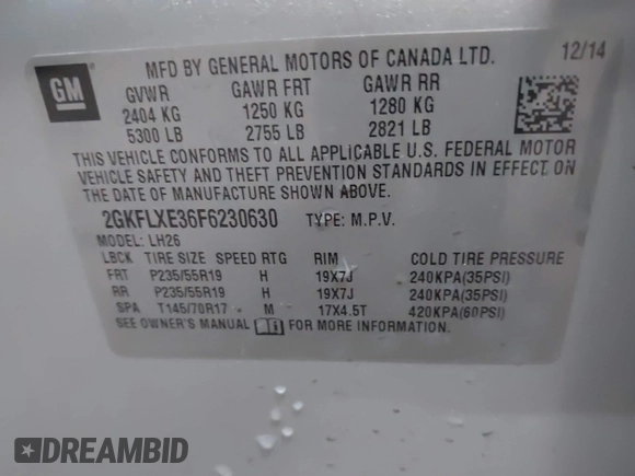 2015 GMC Terrain SLT with VIN 2GKFLXE36F6230630, listed as a IAAI auction lot 41190895 with 124,143 mi miles and . Bid and sale history available at carsss.com. Image 9.