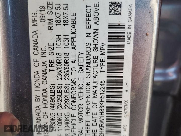2019 Honda CR-V EX-L with VIN 2HKRW1H83KH512248, listed as a Copart auction lot 73280464 with 0 mi miles and Salvage Title. Bid and sale history available at carsss.com. Image 13.