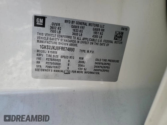 2015 GMC Yukon XL Denali with VIN 1GKS2JKJ8FR674890, listed as a Copart auction lot 45952505 with 120,032 mi miles and Salvage Title. Bid and sale history available at carsss.com. Image 15.