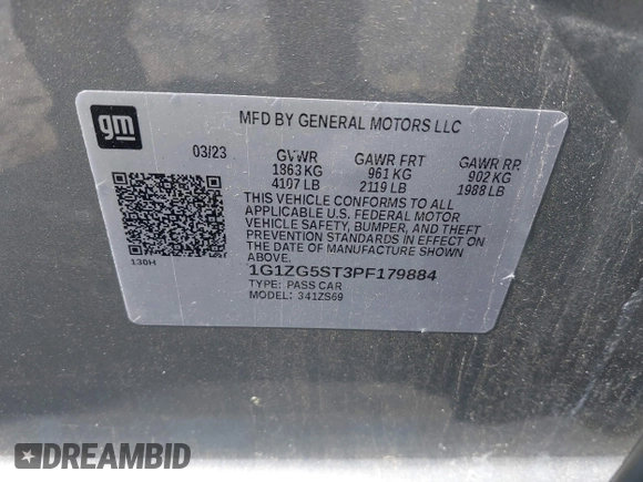 2023 Chevrolet Malibu RS with VIN 1G1ZG5ST3PF179884, listed as a IAAI auction lot 41586349 with 25,115 mi miles and . Bid and sale history available at DreamBid. Image 9.