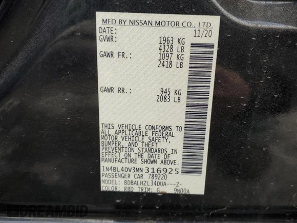 2021 Nissan Altima SV with VIN 1N4BL4DV3MN316925, listed as a Copart auction lot 43255025 with 71,476 mi miles and Salvage Title. Bid and sale history available at carsss.com. Image 12.