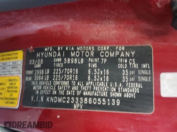 2008 Hyundai Entourage GLS z VIN KNDMC233386055139, wystawiony jako Copart lot #58584185 z przebiegiem 186 303 mil mil oraz Czysty tytuł • Clean title. Historia ofert i sprzedaży dostępna na DreamBid. Obrazek 13.