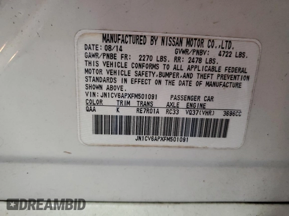 2015 Infiniti Q40 with VIN JN1CV6APXFM501091, listed as a Copart auction lot 71635964 with 0 mi miles and Salvage Title. Bid and sale history available at carsss.com. Image 13.