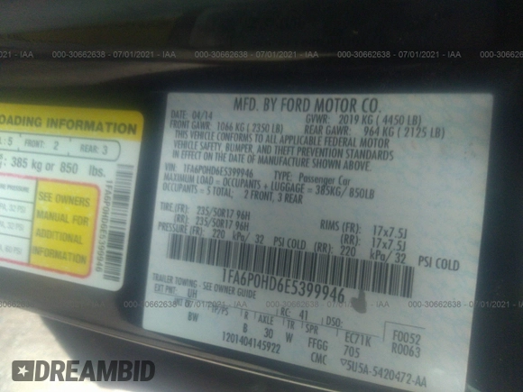 2014 Ford Fusion SE with VIN 1FA6P0HD6E5399946, listed as a IAAI auction lot 30662638 with 113,298 mi miles and . Bid and sale history available at DreamBid. Image 9.