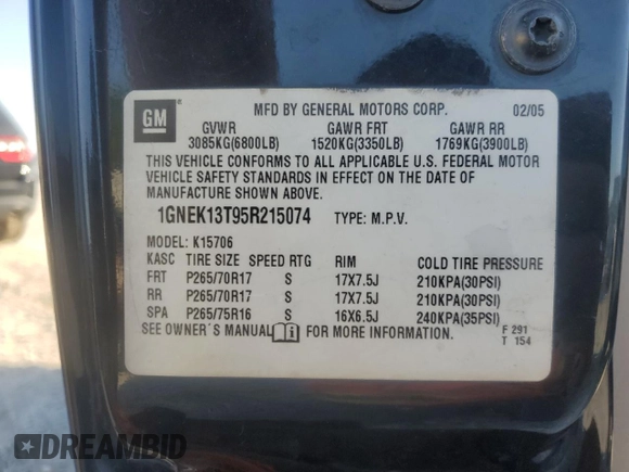 2005 Chevrolet Tahoe Z71 with VIN 1GNEK13T95R215074, listed as a Copart auction lot 74262994 with 0 mi miles and Salvage Title. Bid and sale history available at carsss.com. Image 15.